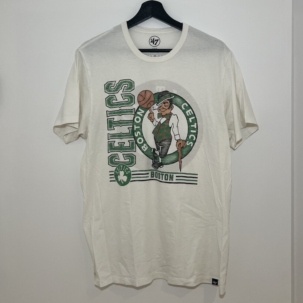 Boston Celtics Logo NBA Men’s T Shirt White Green 47 Brand 100% Cotton Large